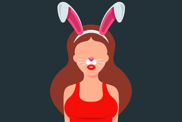 La niña se puso orejas de liebre. máscara en las redes sociales. Ilustración de vector de personaje plano.