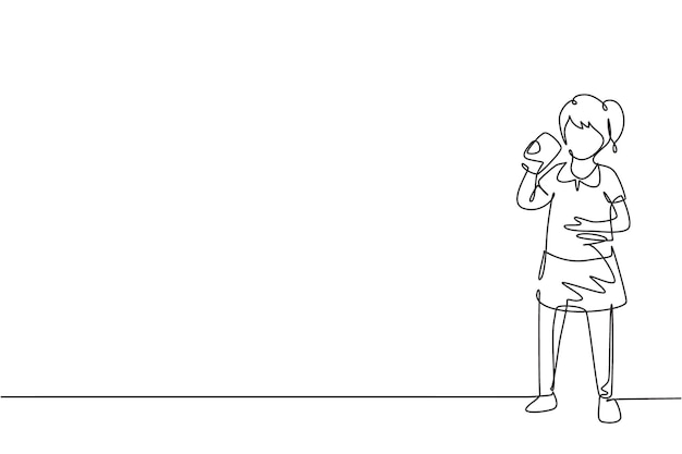 Una niña que dibuja una línea continua de pie mientras bebe un vaso de leche Ilustración vectorial de diseño
