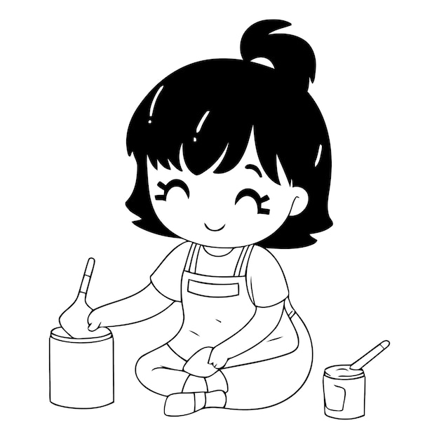 Vector niña que está jugando con una pintura en el diseño de ilustraciones vectoriales de la cocina