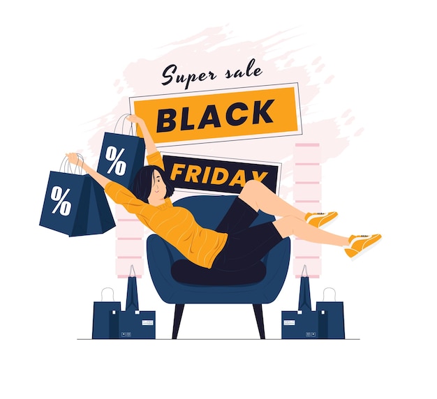 Una niña que se siente feliz con compras en línea, compras en las ilustraciones del concepto de Black Friday