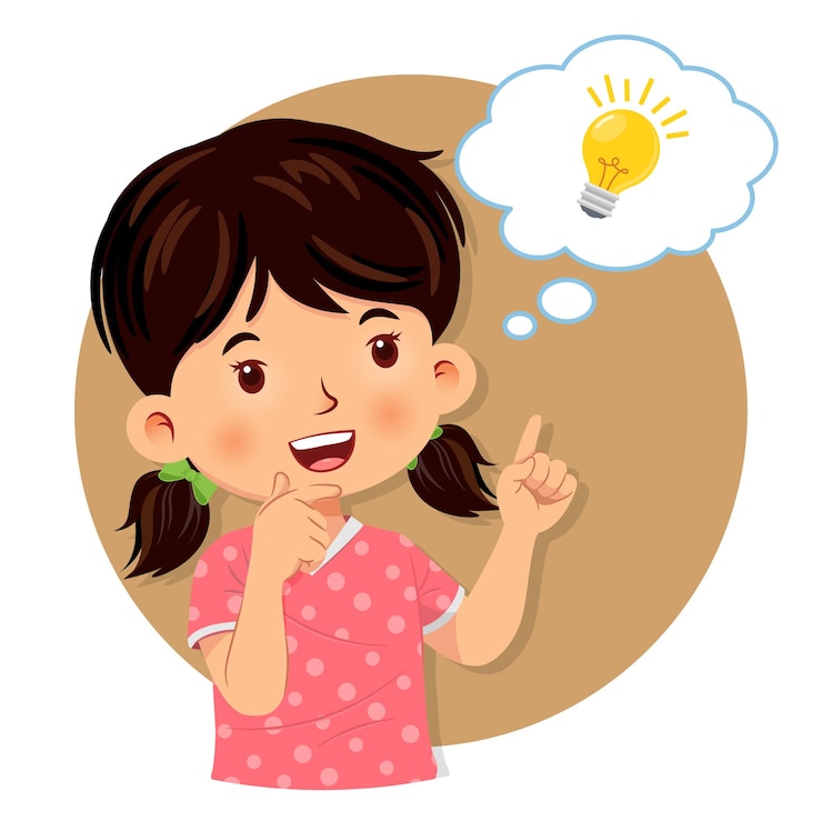 Vector niña que tiene buena idea una burbuja con signo de lámpara de idea ilustración vectorial