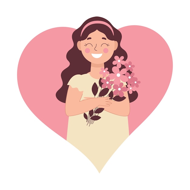 Niña con un ramo de flores. Tarjeta de felicitación para el día internacional de la mujer, cumpleaños. Ilustración de vector con personas