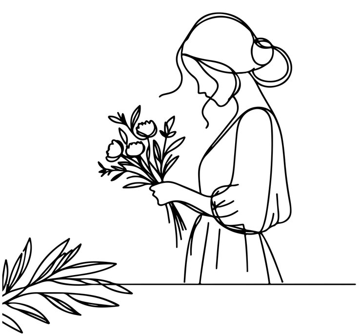 Niña con ramos de flores en línea de arte