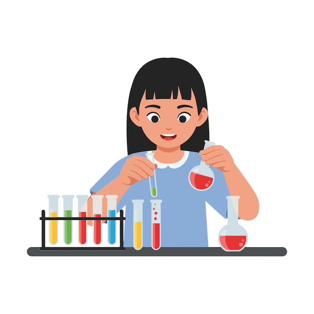 Niña realizando experimentos con líquidos coloridos en una ilustración vectorial plana