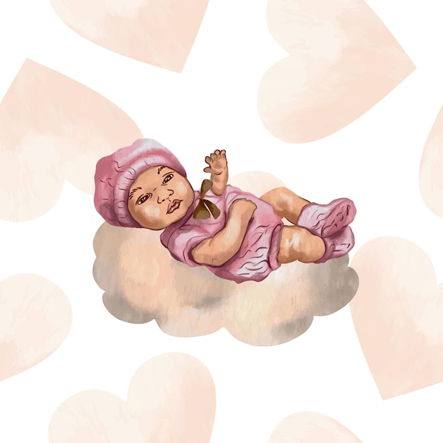 Niña recién nacida en una nube Ilustración vectorial en estilo acuarela Tarjetas de felicitación Invitaciones