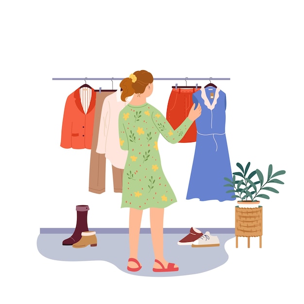 Niña recoge ropa de nueva moda en la tienda mujer joven de pie cerca de la percha con ropa diferente
