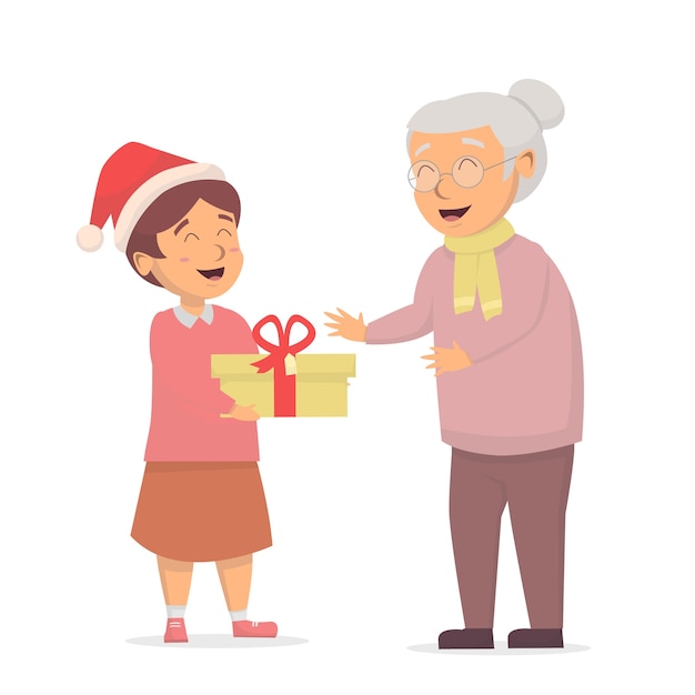 Vector niña regalar caja de regalo de navidad a la abuela ilustración