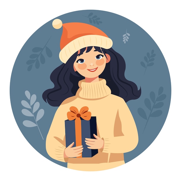 Vector niña con un regalo de navidad dibujos animados planos