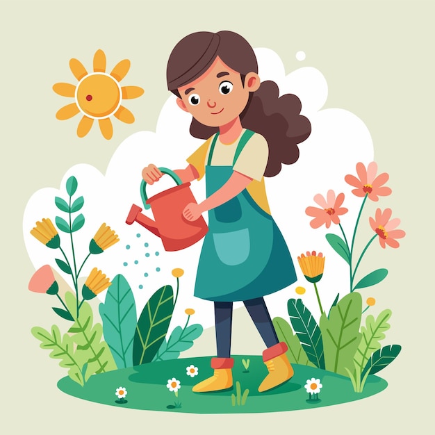 Vector una niña regando flores en un jardín con una olla de riego