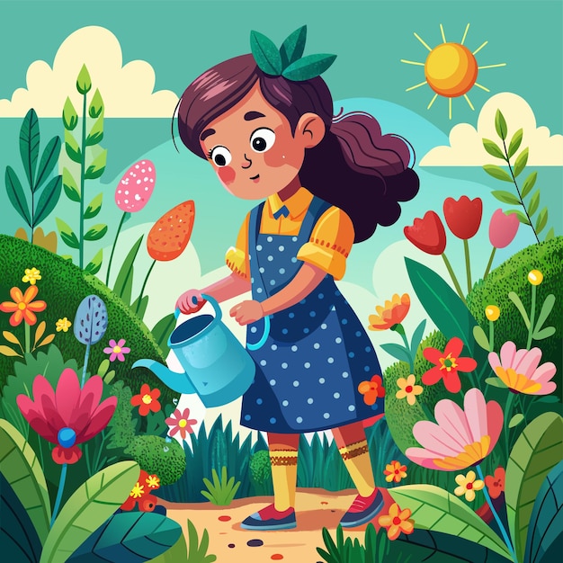 Vector una niña regando flores en un jardín con una olla de riego