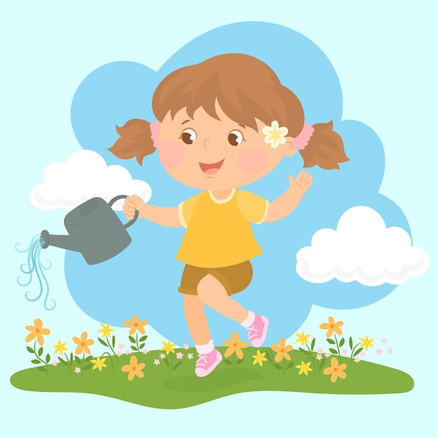Vector niña regando las flores del jardín en primavera