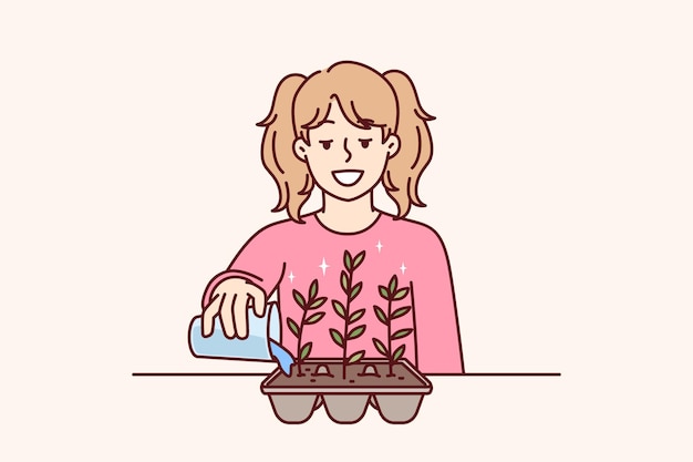 La niña está regando la planta en forma de cáscara de huevo por concepto de ecología y jardinería sin desperdicio