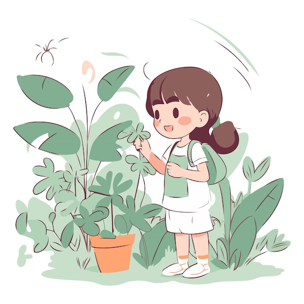 Niña regando plantas en el jardín sobre un fondo blanco