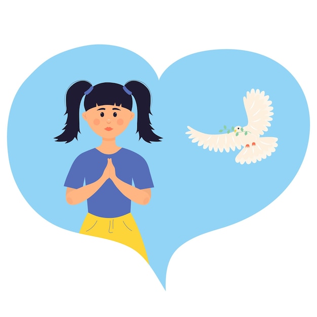 Una niña reza y una paloma blanca vuela en el corazón Día Internacional de la Paz