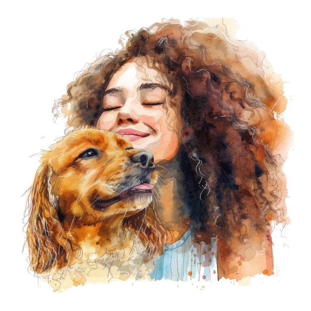 Vector niña rizada con su pintura de acuarela de perro rizado