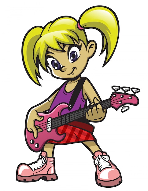 Vector niña rockera tocando el bajo eléctrico