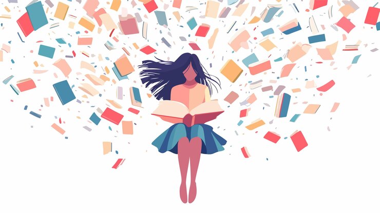 Vector niña rodeada de libros en composición centrada en el ángulo amplio