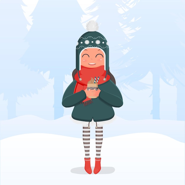 Una niña con ropa de abrigo de invierno y gafas tiene una bebida caliente en sus manos. Tarjeta cuadrada confeccionada para un tema de invierno. Bosque nevado. Ilustración vectorial.
