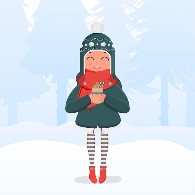 Una niña con ropa de abrigo de invierno y gafas tiene una bebida caliente en sus manos. tarjeta cuadrada confeccionada para un tema de invierno. bosque nevado. ilustración vectorial.