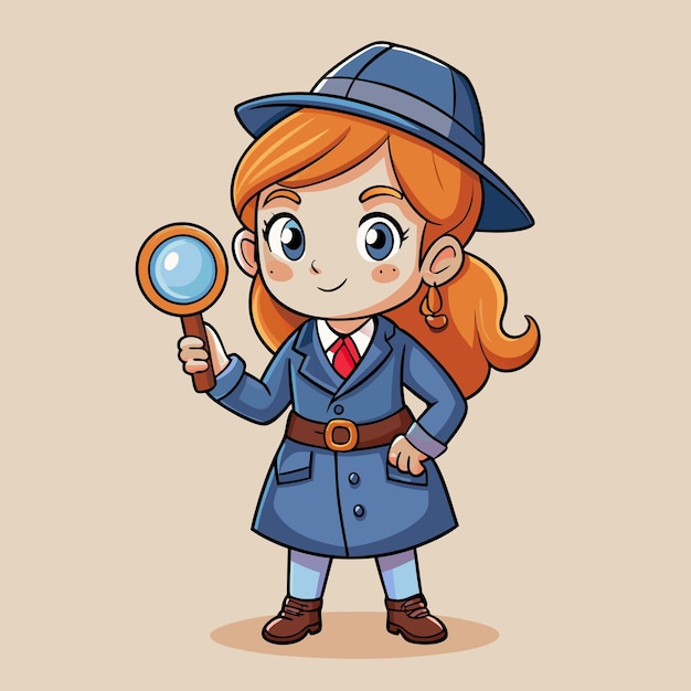 Niña con ropa de detective con lupa Vector de dibujos animados