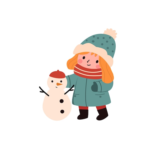 niña con ropa de invierno y una ilustración vectorial de un muñeco de nieve