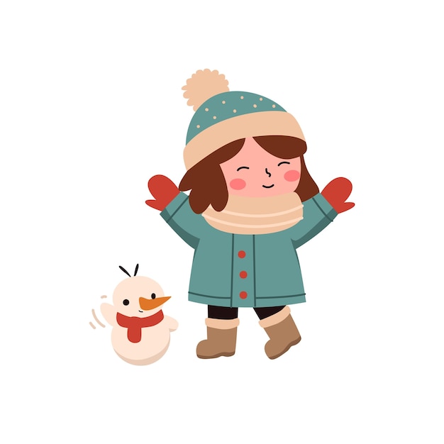 niña en ropa de invierno jugando con el muñeco de nieve ilustración vectorial