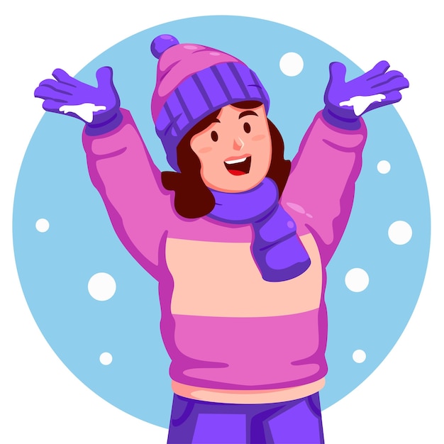 Vector niña con ropa de invierno con las manos en el aire