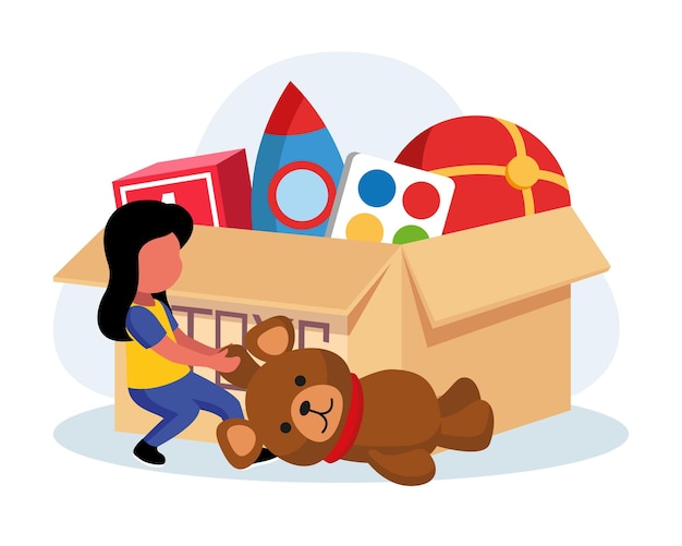 Vector niña sin rostro jugando con osito de peluche fuera de la caja ayuda de la organización de ayuda humanitaria cajas llenas de juguetes para la caridad asistencia social voluntaria ilustración de estilo plano vectorial