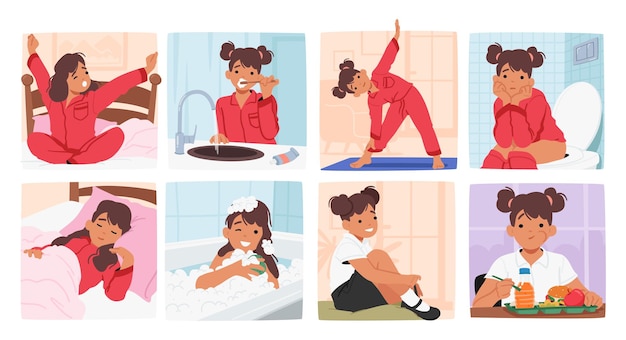 Niña Routine Diaria Personaje Despertar cepillarse los dientes Hacer ejercicio Comer desayuno Vestirse Mascar almuerzo o cena escolar Tomar un baño y dormir antes de acostarse Personas de dibujos animados Ilustración vectorial