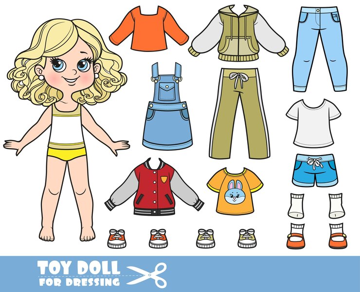 Vector niña rubia de dibujos animados y ropa por separado camisetas de manga larga sandalias chaqueta pantalones cortos trajes de deporte vaqueros y zapatillas de deporte muñeca para vestirse