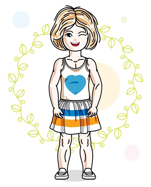 Niña rubia feliz posando en el fondo de la primavera con hojas verdes y usando ropa casual de moda. Carácter vectorial.