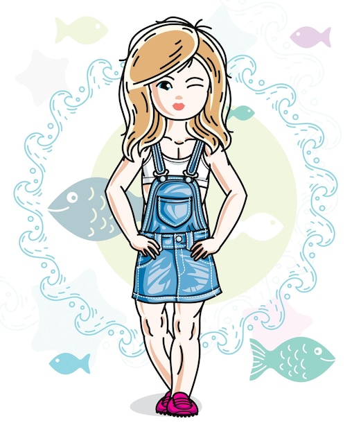 Vector niña rubia feliz posando sobre fondo marino con peces y vistiendo ropa casual de moda. carácter vectorial.