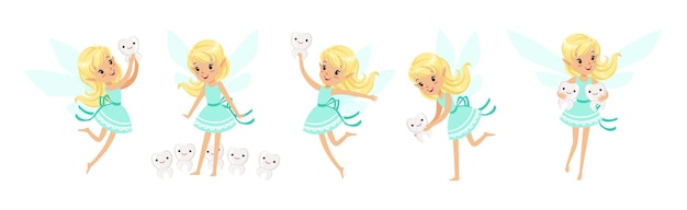 Niña rubia pequeña hada del diente volando con alas conjunto vectorial