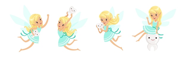 Niña rubia pequeña hada del diente volando con alas conjunto vectorial