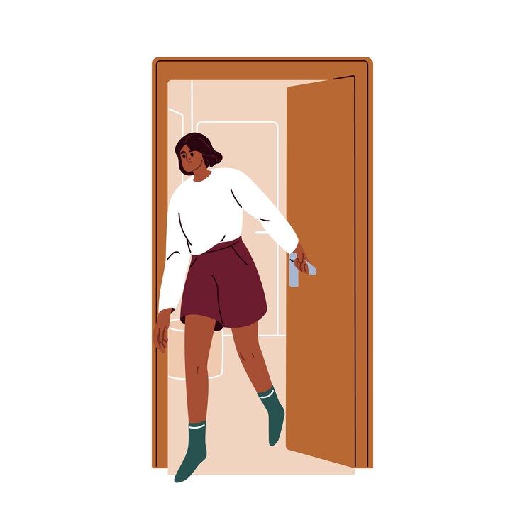 Vector niña saliendo de la habitación cerrando la puerta mujer negra joven saliendo saliendo afuera personaje femenino escapando de la casa apartamento ilustración vectorial plana aislada sobre fondo blanco