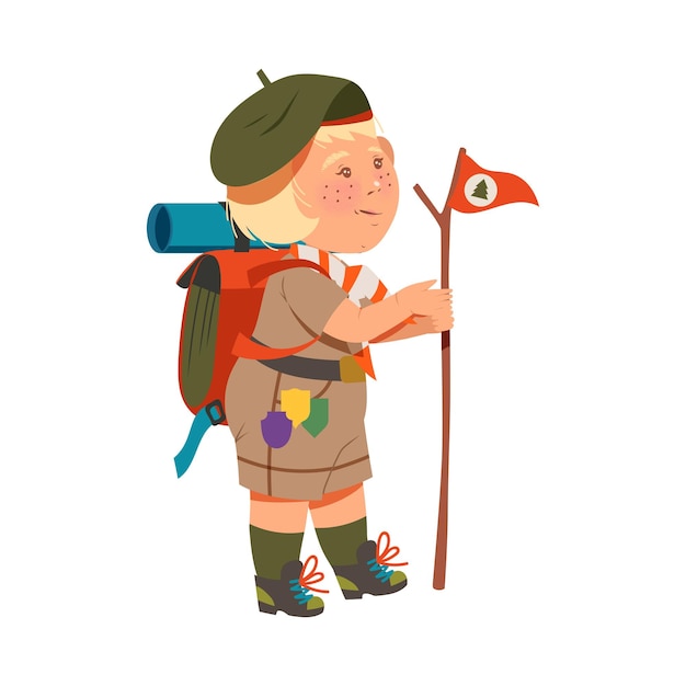 Niña Scout Junior con pecas con mochila sosteniendo una bandera en una ilustración vectorial de palo