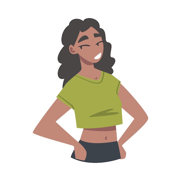 Niña segura de pie con las manos en las caderas Mujer joven expresando emociones positivas Ilustración vectorial de dibujos animados