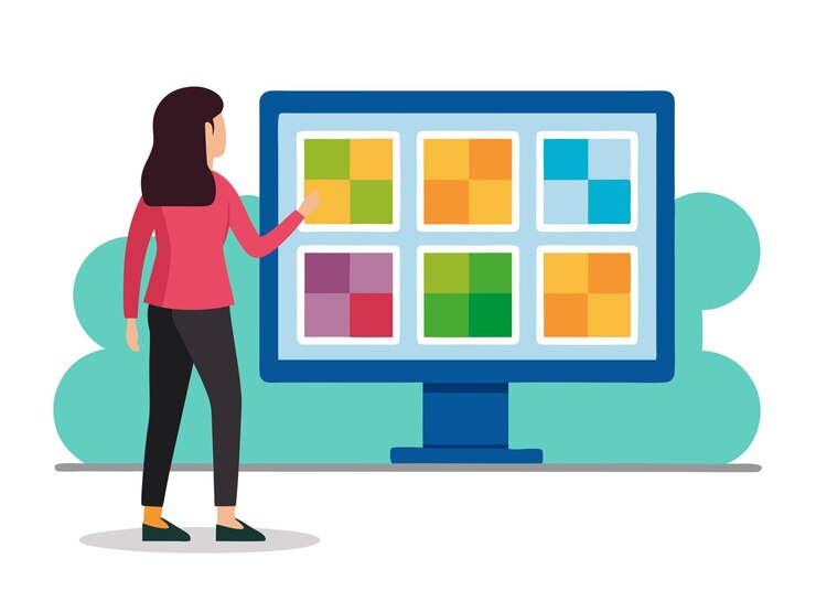 Vector niña seleccionada caja en el monitor de la computadora tecnologías y servicios modernos ilustración de elementos de interfaz de usuario