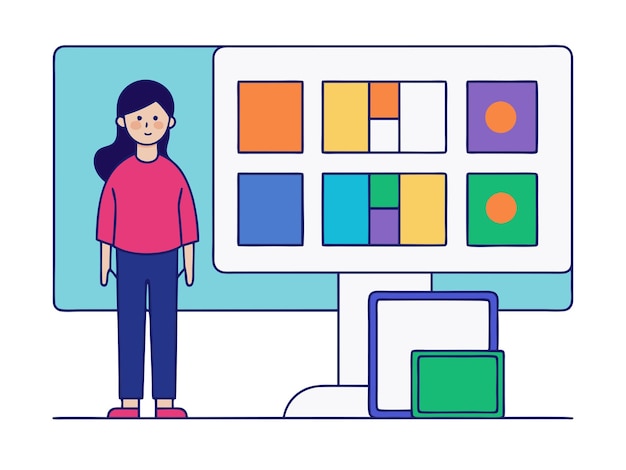 Niña seleccionada caja en el monitor de la computadora Tecnologías y servicios modernos Ilustración de elementos de interfaz de usuario