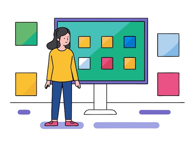 Niña seleccionada caja en el monitor de la computadora Tecnologías y servicios modernos Ilustración de elementos de interfaz de usuario