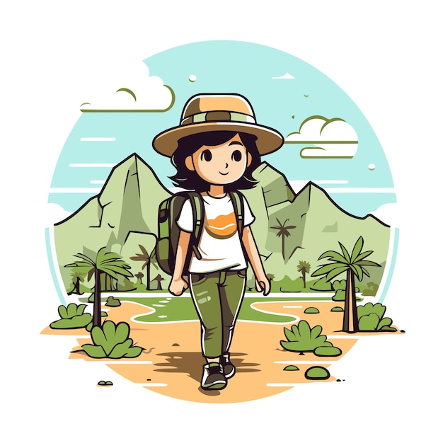 Vector niña de senderismo con mochila y sombrero ilustración vectorial al estilo de dibujos animados