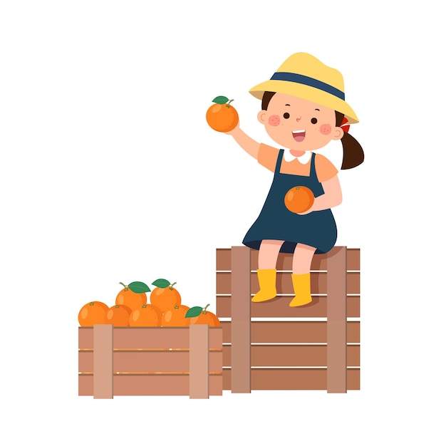 Niña sentada en cajas de madera cercanas con la cosecha de las naranjas