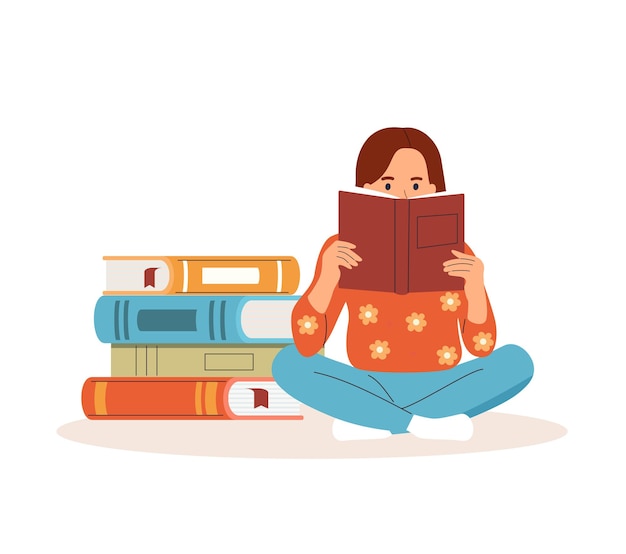 Niña sentada cerca de una pila de libros y leyendo un libro Vector ilustración plana