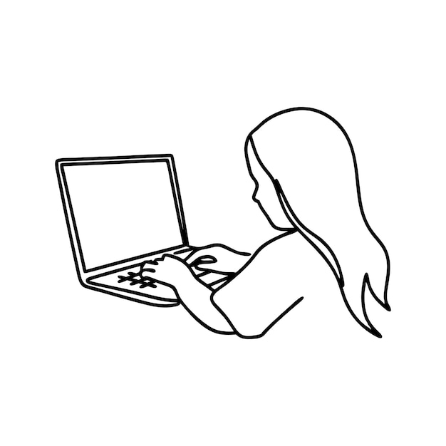 Niña sentada en una computadora portátil dibujada a mano Ilustración vectorial plana de arte de líneas continuas