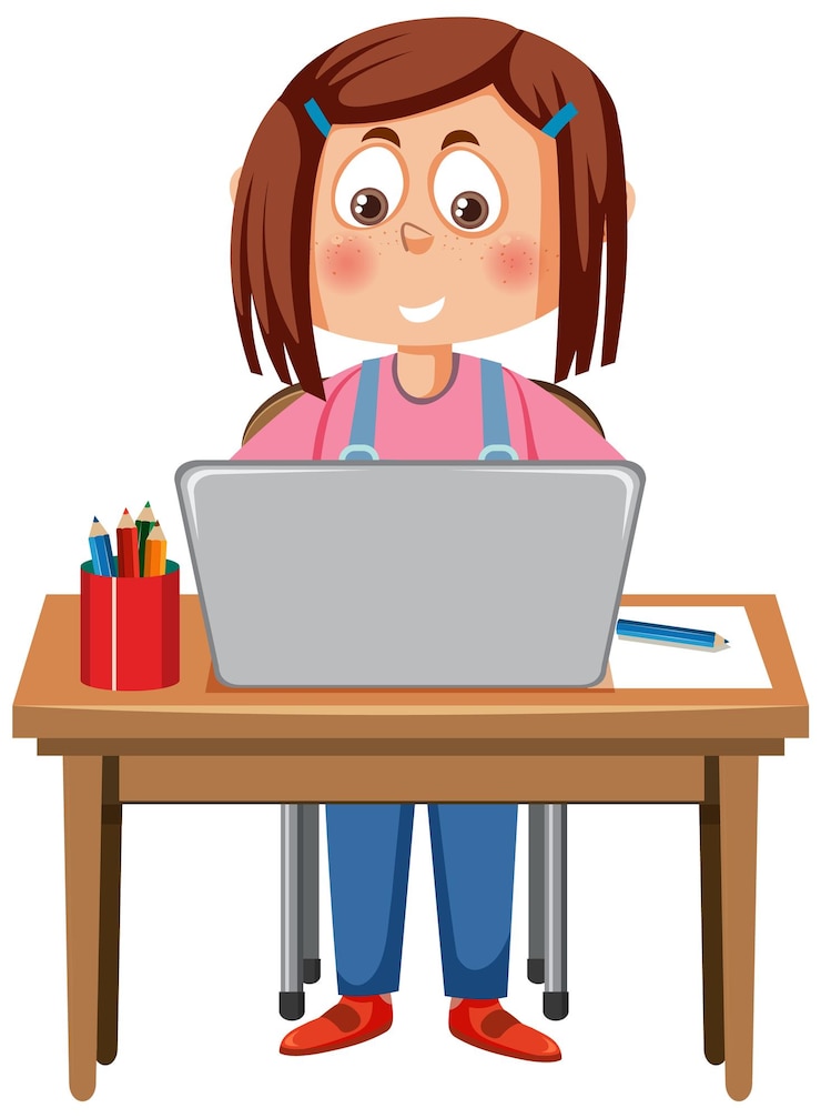Vector una niña sentada frente a la computadora portátil