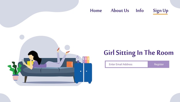 Una niña sentada en la habitación en el sofá jugando con gadget. ilustración plana vectorial plantilla de página de aterrizaje, estilo de dibujos animados