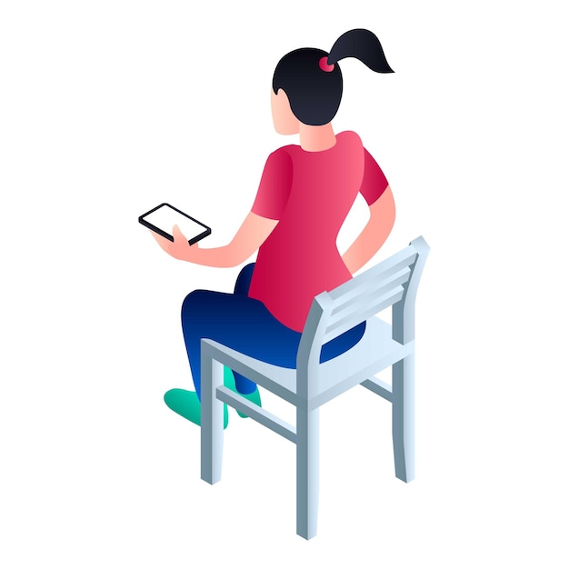 Niña sentada en el icono de la silla Isométrica del icono de vector de la niña sentada en la silla para el diseño web aislado sobre fondo blanco