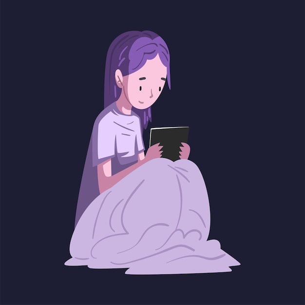 Niña sentada bajo la manta con una tableta por la noche Persona que usa un gadget digital para jugar videojuegos en línea o chatear en redes sociales Ilustración vectorial