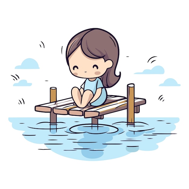 Niña sentada en un pontón en el mar