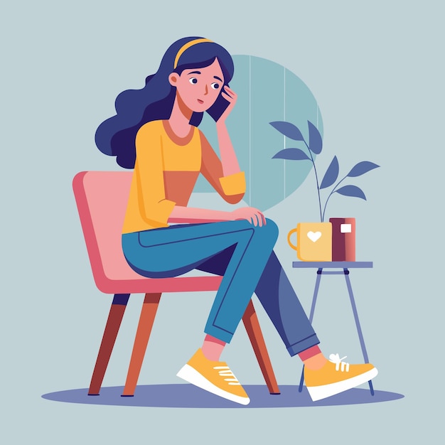 Una niña sentada en una silla y hablando en una ilustración vectorial móvil